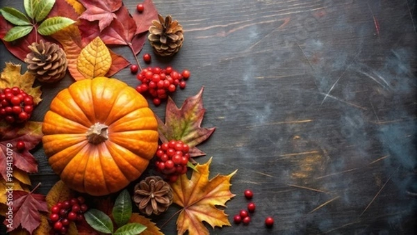 Obraz Autumnal Pumpkin, Leaves, and Pine Cones on Wooden Background.