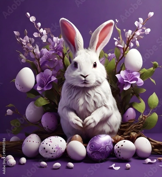 Fototapeta white rabbit with easter eggs and flowering branch on the purple background
