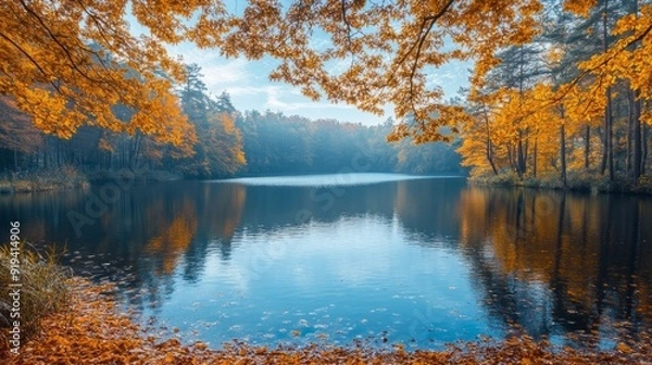 Fototapeta A serene lake with a beautiful reflection of the trees and sky