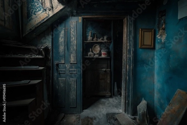 Fototapeta An eerie room with blue walls, a worn door, and wooden shelves filled with old artifacts, creating a mysterious atmosphere.