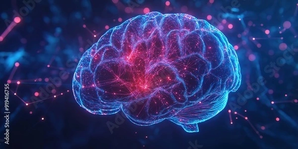 Fototapeta Digital illustration of a human brain with illuminated neural connections, showcasing the complexity of neural networks. Perfect for AI, neuroscience, and cognitive science visuals.