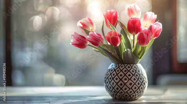 Fototapeta A bouquet of pink tulips in a patterned vase, bathed in soft sunlight, with a blurred bokeh background.