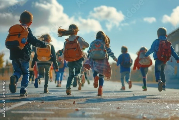 Fototapeta Group of young students running down street after school. Casual clothes, backpacks on backs. Outdoor scene with clear skies.