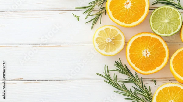 Fototapeta Assorted citrus fruit slices, including oranges, lemons, and limes, arranged on a white marble background with green leaves.