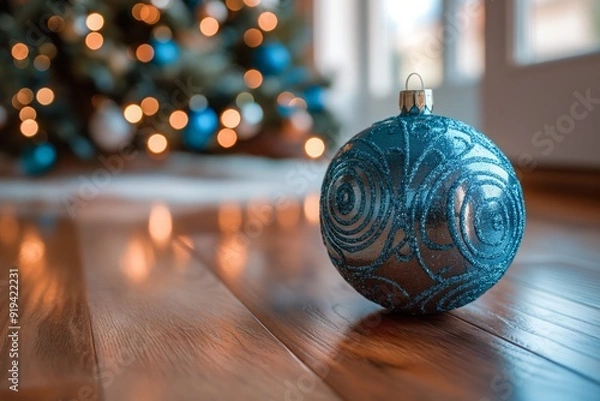 Obraz Blue christmas bauble resting on hardwood floor with christmas tree in background