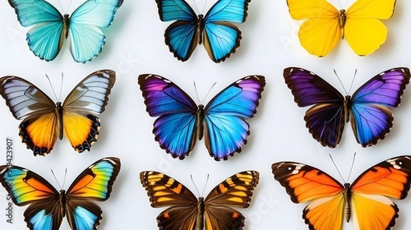 Fototapeta Vibrant multicolored butterflies, white background, copy space for text, high-contrast macro photography, diverse butterfly species, iridescent wing patterns, vivid hues of blue, green.