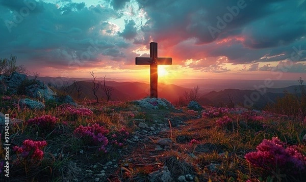 Fototapeta cross of jesus easter resurrection concept christian wooden cross on a background with dramatic lighting colorful mountain sunset dark clouds,sky sunbeams.