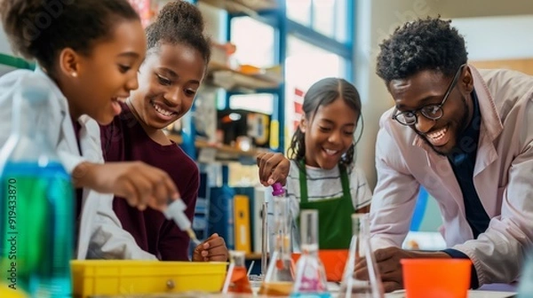 Fototapeta Elementary school students laughing and having fun while making a science experiment with their teacher in a school laboratory. Happy black kids in a class