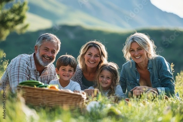 Fototapeta Happy Family Picnic in the Mountain Meadow