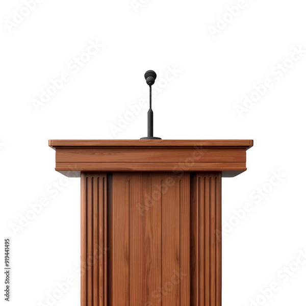 Fototapeta Wooden podium with a microphone, perfect for speeches, presentations, and conferences, suitable for formal and public events.
