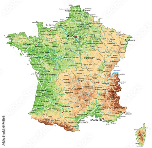 Fototapeta High detailed France physical map with labeling.