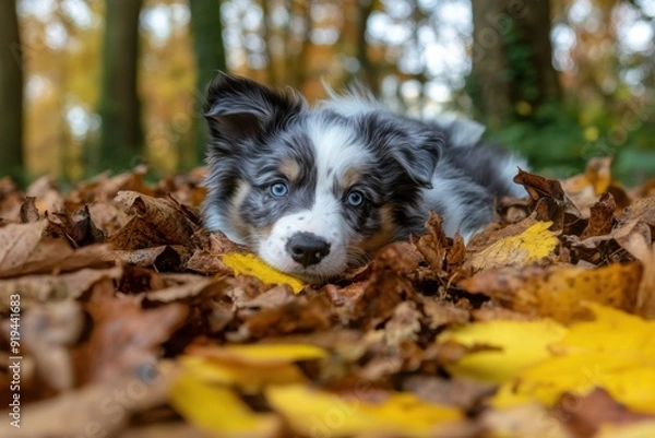 Fototapeta Adorable border collie puppy lying in autumn leaves