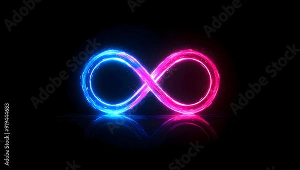 Fototapeta A vibrant infinity symbol that combines blue and pink neon lights, representing endless possibilities and creativity.
