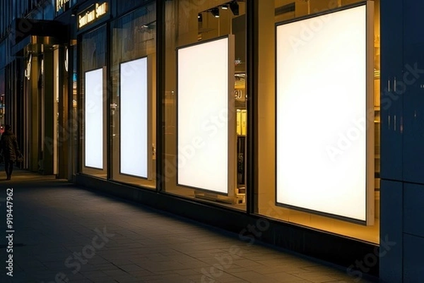 Fototapeta A series of empty Bright White Lightboxes Adorning Modern Storefront, Invitation to Explore Within