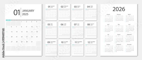 Fototapeta Calendar 2025, calendar 2026 week start Sunday corporate design template vector. Desk calendar planner.