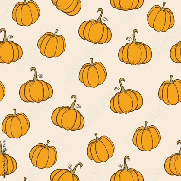 Fototapeta Seamless pattern with pumpkins on color background. Vector hand drawn sketched pumpkin. Autumn illustration for holidays, Halloween. Various food items in doodle style