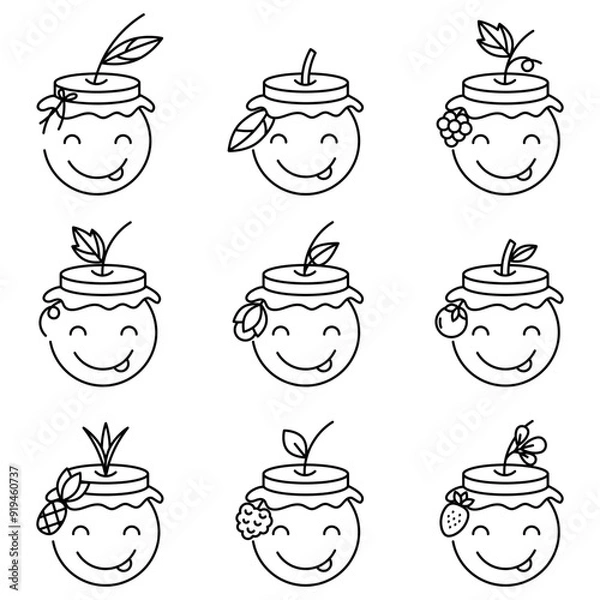 Obraz Icons with the image of a smiling man. Logo with the image of fruit. Cute licking emoji that closed his eyes from the delicious food. Smiley face in a hat in the form of a can lid.
