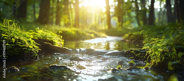Fototapeta Serene and Lush Green Forest Scene with Sunlight Filtering Through Dense Canopy and a Tranquil Stream Flowing Through the Woods, Perfect for Nature and Wellness Themes