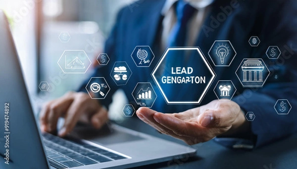 Fototapeta Lead generation concept, financial business marketing strategy research, businessman using laptop with virtual screen displaying