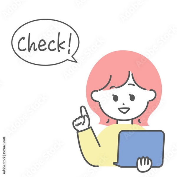 Fototapeta ノートパソコンを持つ女性とチェックの吹き出し