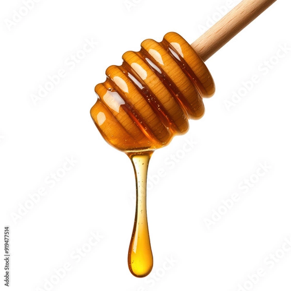 Fototapeta A close-up of honey dripping from a wooden honey dipper, showcasing its rich color and texture, isolated on a transparent background.