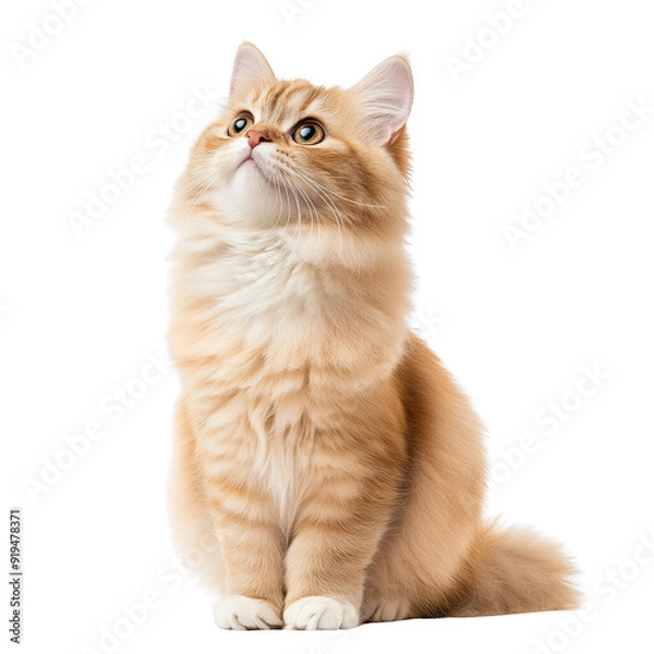 Obraz A fluffy orange cat sitting gracefully, gazing upward with curious eyes isolated on a transparent background.