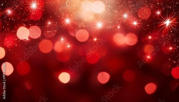 Fototapeta Christmas abstract red lights background. Festive xmas abstract background with bokeh defocused lights and stars. Card or invitation for your design.