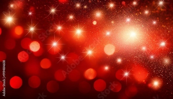Fototapeta Christmas abstract red lights background. Festive xmas abstract background with bokeh defocused lights and stars. Card or invitation for your design.