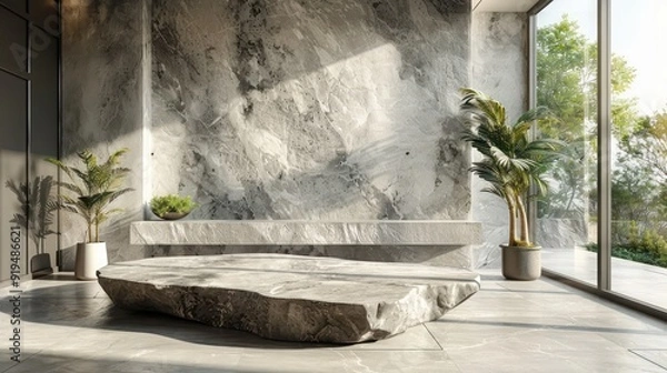 Obraz Neutral Concrete and Marble Shelf with Sunlight Shadows. Minimalist Background for Product Showcase or Business Branding