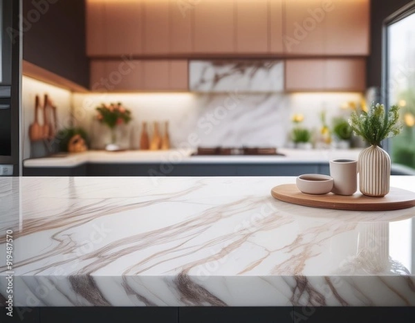 Fototapeta elegant marble countertop with subtle veining photographed in soft focus blurred modern kitchen background creates depth showcasing luxury interior design and sophisticated home decor