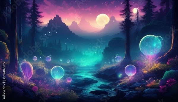 Fototapeta enchanted bioluminescent forest at twilight floating magical orbs ethereal mist otherworldly flora moonlit mountain silhouettes