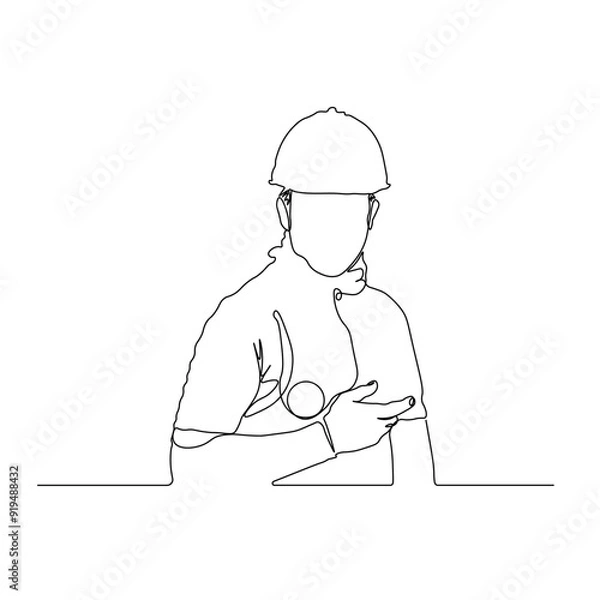Fototapeta dessin en ligne continue d'un travailleur du bâtiment portant un casque, line art, vecteur