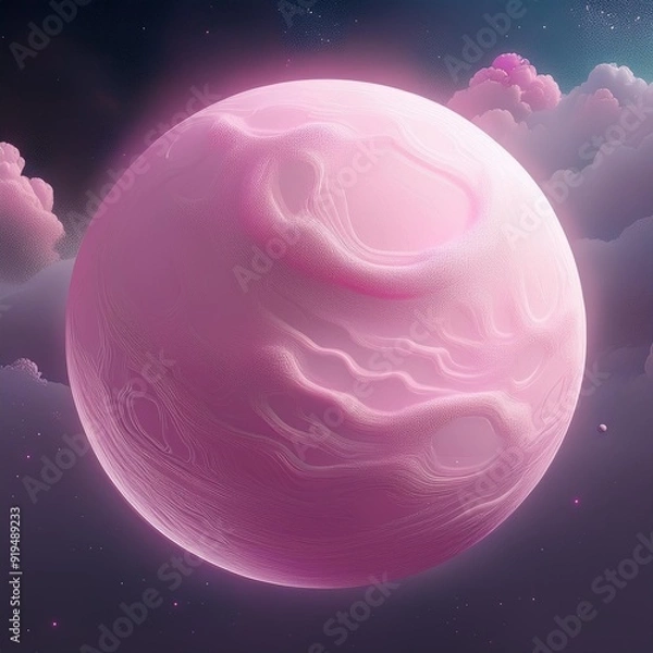 Fototapeta ethereal pink planet suspended in white void soft cloudy texture with subtle craters dreamy otherworldly atmosphere blend of science fiction and artistic interpretation