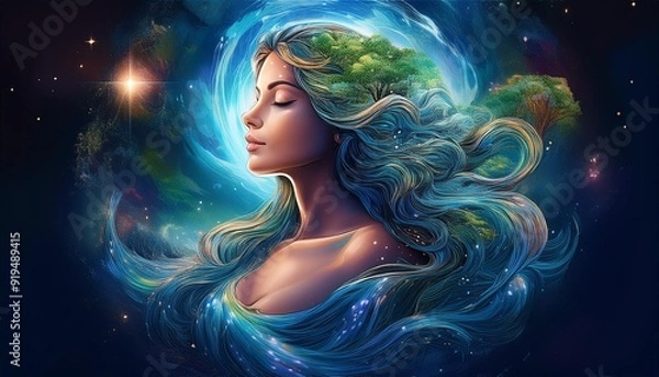Fototapeta ethereal portrait of mother earth as a celestial goddess hair flowing with rivers body adorned with forests and mountains surrounded by swirling galaxies