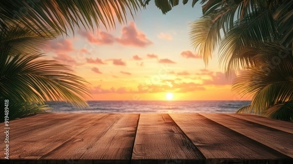 Fototapeta Tropical summer sunset beach bar background. Empty stage of wooden table top product showcase. The generation of AI