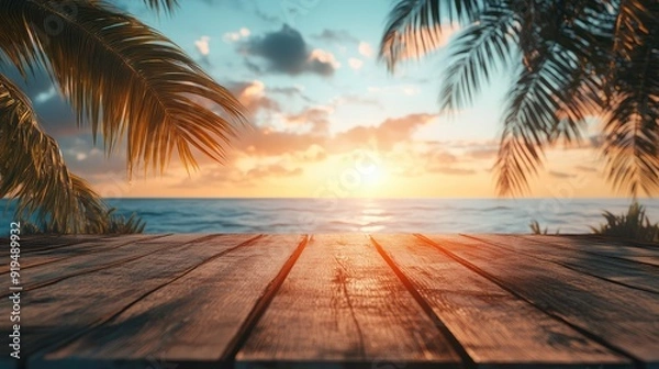 Fototapeta Tropical summer sunset beach bar background. Empty stage of wooden table top product showcase. The generation of AI