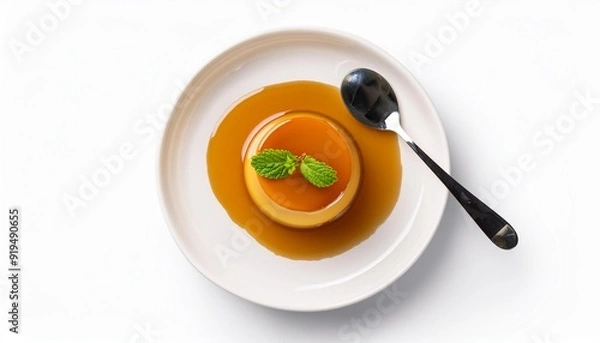 Fototapeta Flan or caramel custard pudding with spoon and mint on white plate isolated white background. Homemade Egg dessert. Top view