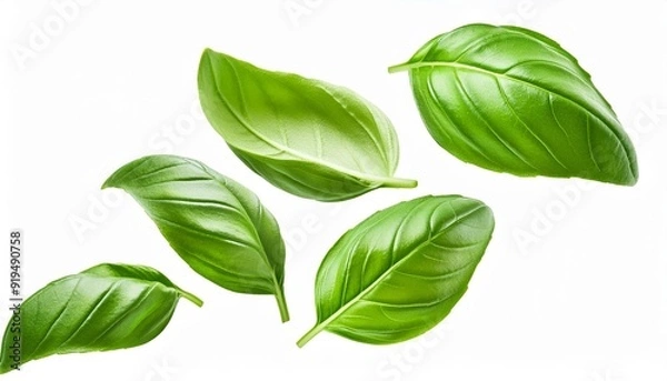 Fototapeta Flying Fresh basil herb leaves isolated on white background. Top view. Flat lay.