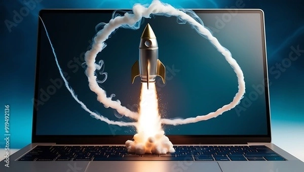 Obraz Launching Space Rocket From Laptop Screen.
