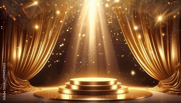 Fototapeta glamorous awards ceremony elegant stage with golden podium bathed in dramatic spotlight shimmering curtain backdrop and floating particles create an atmosphere of anticipation and prestige