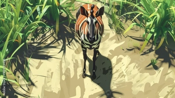 Fototapeta Okapi flat design top view savanna theme 3D render colored pastel