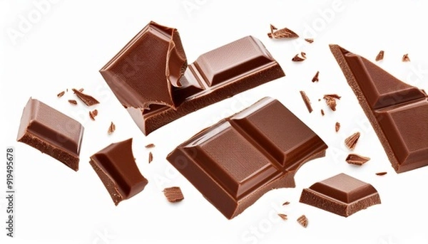 Fototapeta Levitating milk chocolate bar pieces isolated on white background. Pattern. Crumbs, shavings and Flying Chocolate chunks Top view. Flat lay.