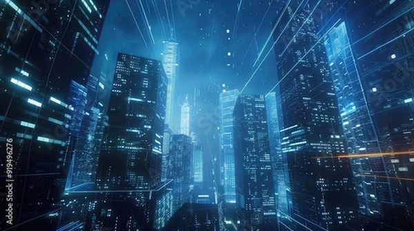 Obraz Futuristic Digital Cityscape with Data Streams