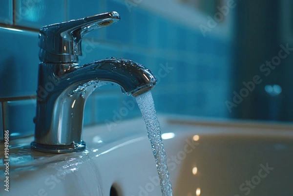 Obraz Water flowing from the tap in the bathroom. Shallow depth of field.