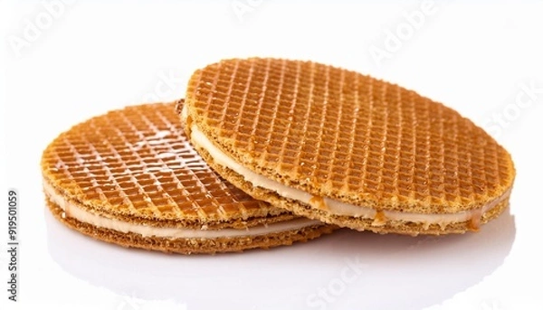Fototapeta Round dutch waffles with caramel and honey isolated on white background. Caramel stroopwafels Side view. Close-up.