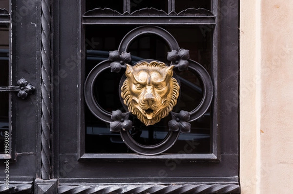 Fototapeta Old steel and glass door decorated with golden wolf head