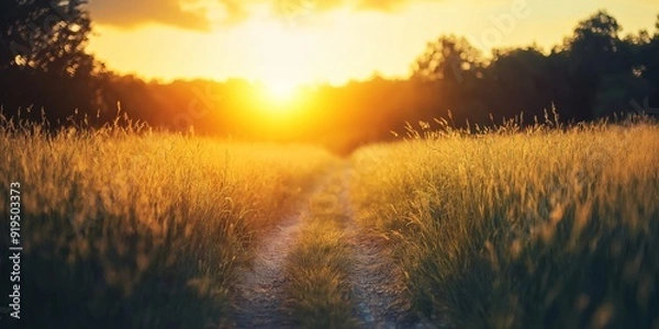 Fototapeta A path winds through a golden field, leading into a gorgeous sunrise painting the sky with vibrant colors.