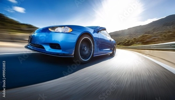Fototapeta sleek sports car cornering at high speed motion blur dramatic low angle reflective blue paint catching light