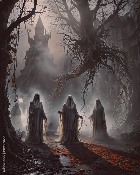Fototapeta Scary spooky forest with ghosts and haunted house. Halloween background