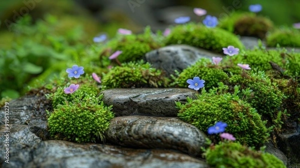 Fototapeta Moss-Covered Stones: A close-up of smooth stones covered in soft, green moss, with small wildflowers growing between them, creating a peaceful, earthy scene.